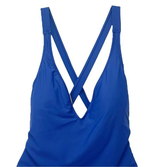 J. Crew Cross Back One Piece Swimsuit Royal Blue Size 8 V-Neck Plunge Low Back - Picture 6 of 13